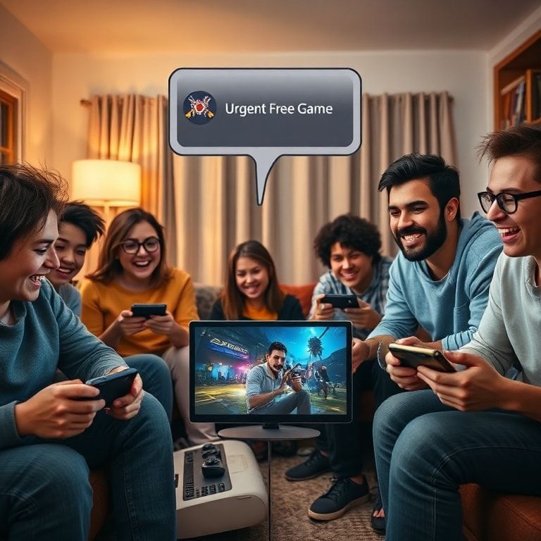A diverse group of gamers, varying in age and background, happily playing different video games on various platforms (PC, con