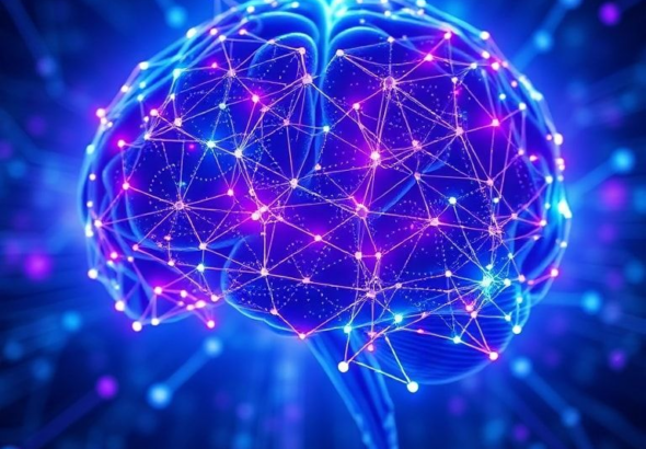 futuristic digital brain glowing with interconnected nodes, representing open-source AI development and collaboration, vibrant blue and purple hues, abstract technology background, highly detailed, digital art, concept illustration, 8k quality, Openais concept