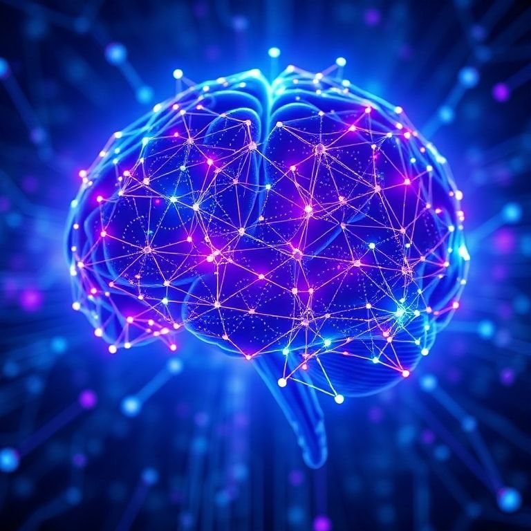 futuristic digital brain glowing with interconnected nodes, representing open-source AI development and collaboration, vibrant blue and purple hues, abstract technology background, highly detailed, digital art, concept illustration, 8k quality, Openais concept