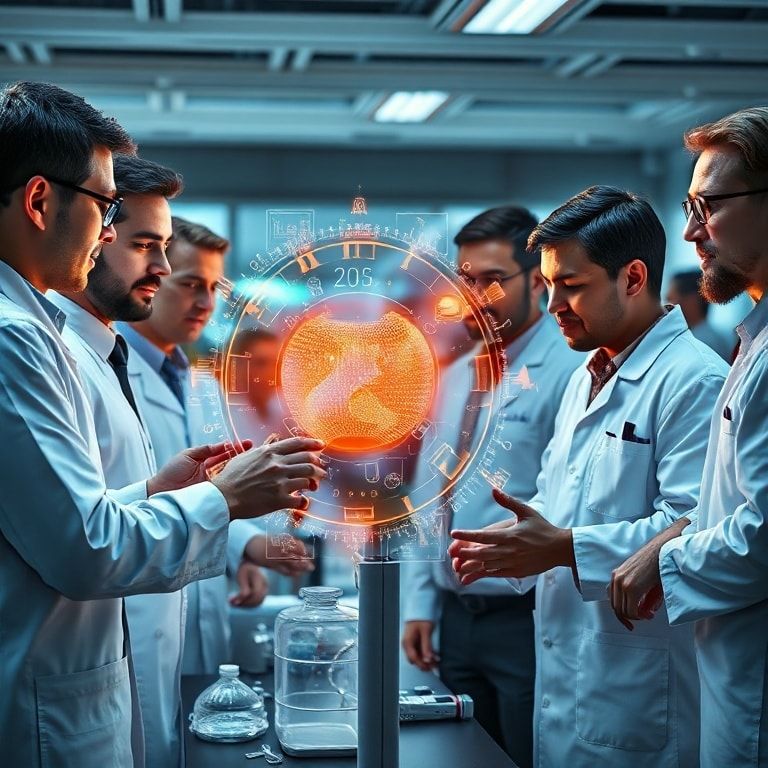 openais - diverse group of scientists and developers collaborating around a glowing holographic interface, displaying complex