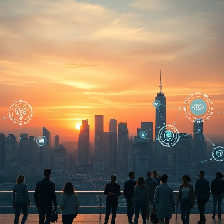 futuristic city skyline at sunset with holographic interfaces depicting data flows and ethical AI symbols, diverse individual