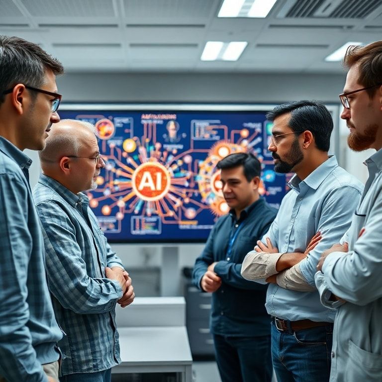 openais - a diverse group of researchers collaborating around a large interactive screen displaying complex AI neural network