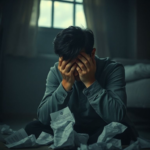 A distraught person sitting alone in a dimly lit room, head in hands, surrounded by crumpled medical papers. The atmosphere is heavy with regret and guilt. Focus on the emotional distress, muted colors, soft light filtering through a window, a single tear rolling down a cheek. The person's posture conveys immense burden and a deep internal struggle. The image should evoke a strong sense of a heavy 'Confession'.