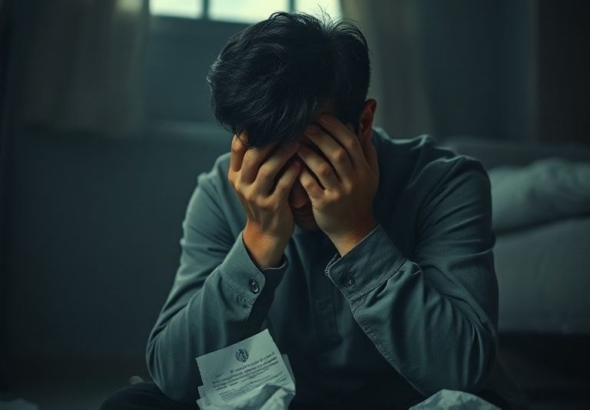 A distraught person sitting alone in a dimly lit room, head in hands, surrounded by crumpled medical papers. The atmosphere is heavy with regret and guilt. Focus on the emotional distress, muted colors, soft light filtering through a window, a single tear rolling down a cheek. The person's posture conveys immense burden and a deep internal struggle. The image should evoke a strong sense of a heavy 'Confession'.