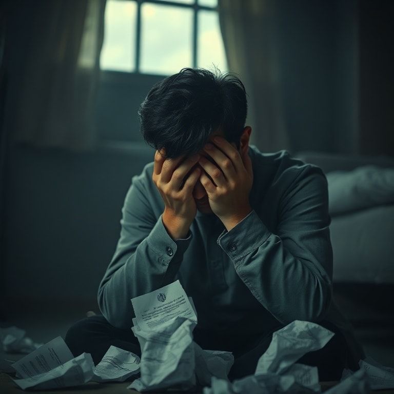 A distraught person sitting alone in a dimly lit room, head in hands, surrounded by crumpled medical papers. The atmosphere is heavy with regret and guilt. Focus on the emotional distress, muted colors, soft light filtering through a window, a single tear rolling down a cheek. The person's posture conveys immense burden and a deep internal struggle. The image should evoke a strong sense of a heavy 'Confession'.