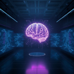 A futuristic, glowing holographic brain at the center of a sleek, minimalist Openai research lab, surrounded by abstract data streams and intricate neural network visualizations, symbolizing advanced AI thought and creativity, dark background with subtle blue and purple neon lights, high-tech, cinematic, ultra realistic, highly detailed, 8k quality