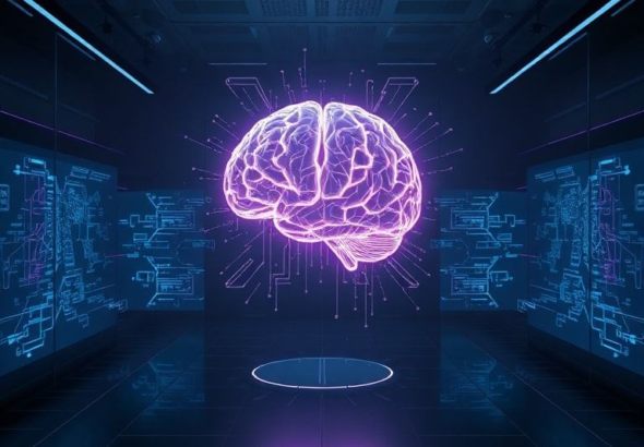 A futuristic, glowing holographic brain at the center of a sleek, minimalist Openai research lab, surrounded by abstract data streams and intricate neural network visualizations, symbolizing advanced AI thought and creativity, dark background with subtle blue and purple neon lights, high-tech, cinematic, ultra realistic, highly detailed, 8k quality