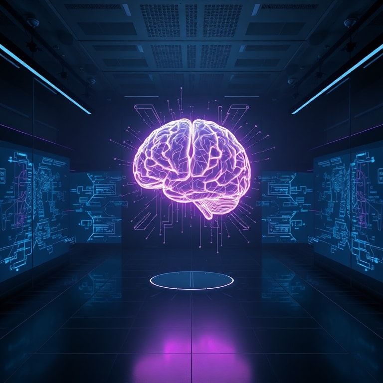 A futuristic, glowing holographic brain at the center of a sleek, minimalist Openai research lab, surrounded by abstract data streams and intricate neural network visualizations, symbolizing advanced AI thought and creativity, dark background with subtle blue and purple neon lights, high-tech, cinematic, ultra realistic, highly detailed, 8k quality