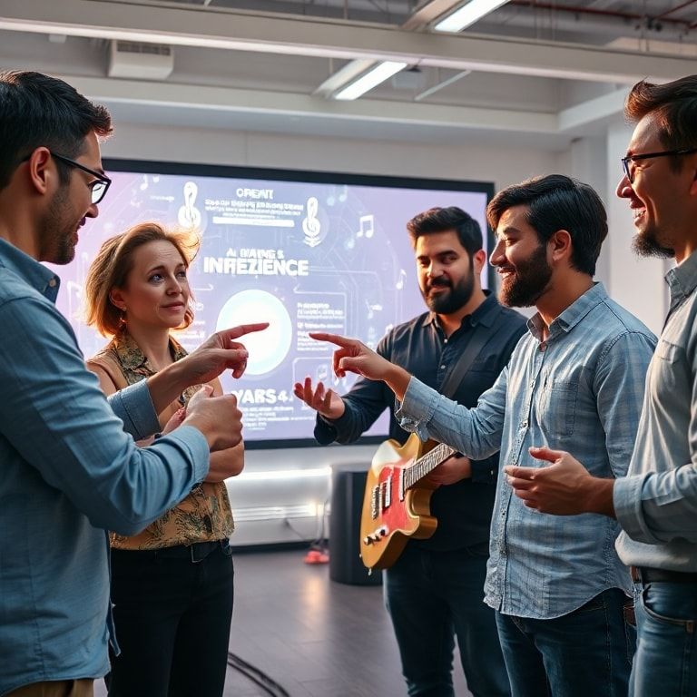 A diverse group of creative professionals (graphic designer, writer, musician, filmmaker) collaborating with a transparent, g