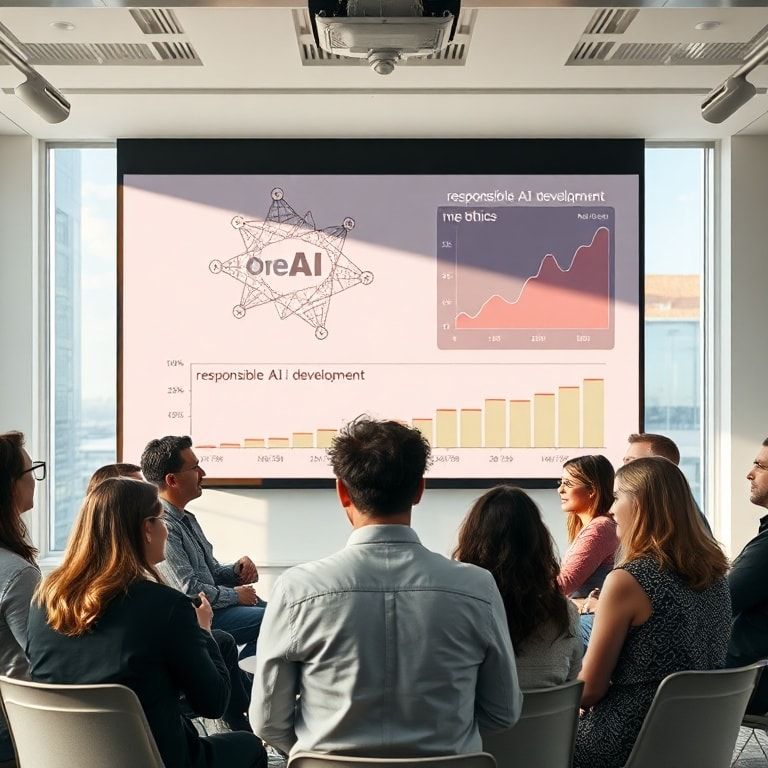 A diverse group of people from various backgrounds (artists, scientists, ethicists, policy makers) in a bright, modern confer