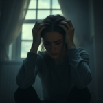 A woman sitting alone in a dimly lit room, her face etched with deep worry and contemplation, holding her head in her hands. The atmosphere is heavy and somber, with soft, diffused light coming from a window, emphasizing her isolation and the immense burden she carries. The colors are muted, reflecting her internal turmoil. Cinematic, realistic, high detail, 8k quality.