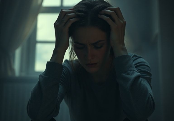 A woman sitting alone in a dimly lit room, her face etched with deep worry and contemplation, holding her head in her hands. The atmosphere is heavy and somber, with soft, diffused light coming from a window, emphasizing her isolation and the immense burden she carries. The colors are muted, reflecting her internal turmoil. Cinematic, realistic, high detail, 8k quality.