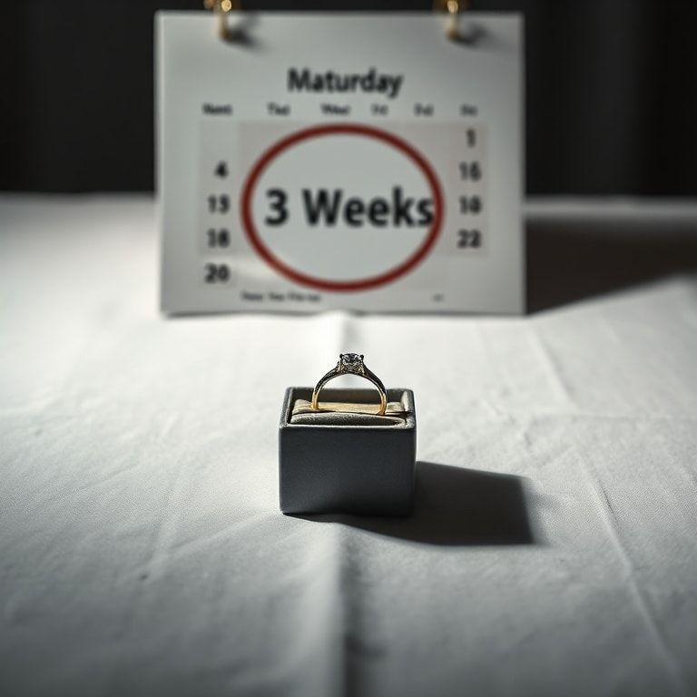 confession - A wedding ring box open on a pristine white tablecloth, with a blurred calendar in the background showing '3 Wee