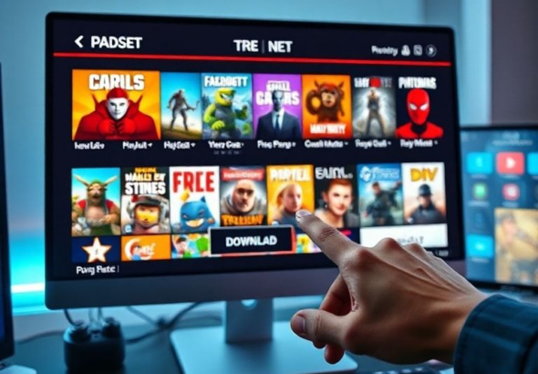 A vibrant digital storefront on a computer screen displaying multiple game covers with 'FREE' banners prominently visible, a diverse collection of video game icons, a hand clicking a 'download' button, modern gaming setup, bright and inviting atmosphere, ultra realistic, highly detailed, 8k quality, photorealistic