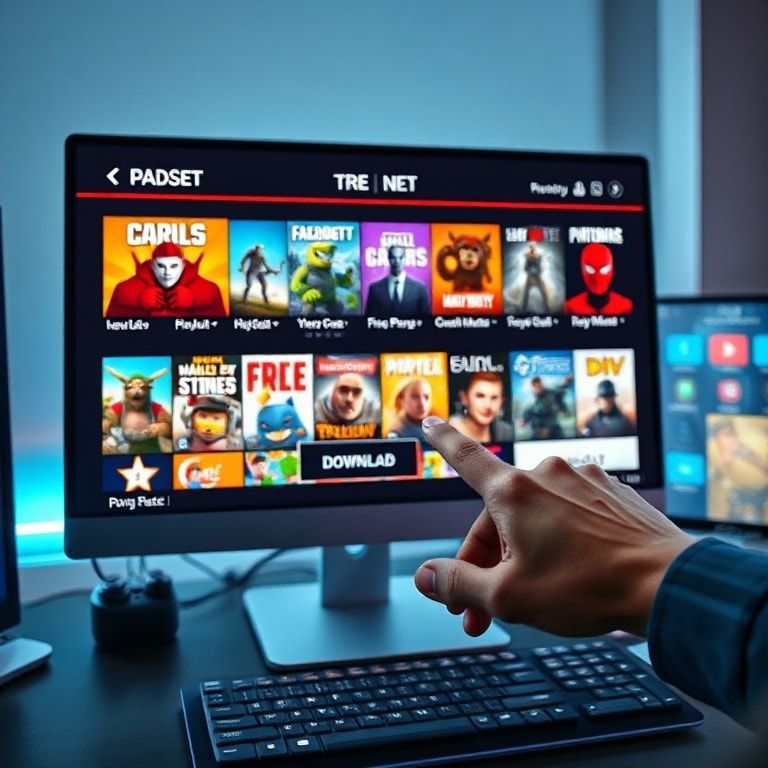 A vibrant digital storefront on a computer screen displaying multiple game covers with 'FREE' banners prominently visible, a diverse collection of video game icons, a hand clicking a 'download' button, modern gaming setup, bright and inviting atmosphere, ultra realistic, highly detailed, 8k quality, photorealistic