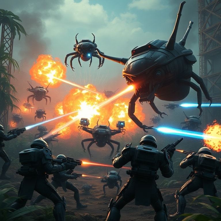 breaking - A dramatic battlefield scene from Helldivers 2, soldiers in futuristic armor engaging giant alien bugs with laser