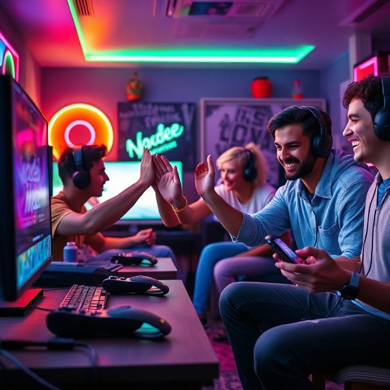 breaking - A diverse group of gamers enthusiastically playing different video games on various platforms (PC, console, mobile