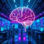 futuristic laboratory with glowing holographic brain displaying complex neural networks, scientists in the background observing data on large screens, vibrant blue and purple neon lights, high-tech, ultra realistic, highly detailed, 8k quality, cinematic atmosphere, representing OpenAI's 'Cognito' AGI model