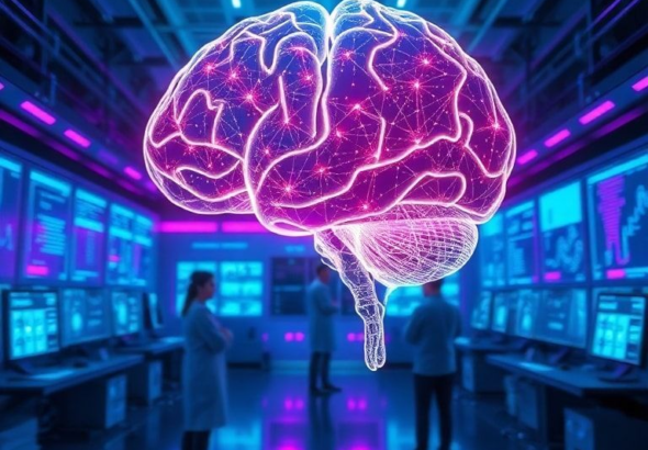 futuristic laboratory with glowing holographic brain displaying complex neural networks, scientists in the background observing data on large screens, vibrant blue and purple neon lights, high-tech, ultra realistic, highly detailed, 8k quality, cinematic atmosphere, representing OpenAI's 'Cognito' AGI model