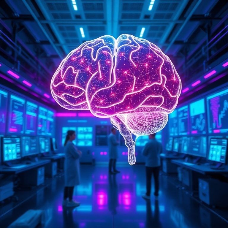 futuristic laboratory with glowing holographic brain displaying complex neural networks, scientists in the background observing data on large screens, vibrant blue and purple neon lights, high-tech, ultra realistic, highly detailed, 8k quality, cinematic atmosphere, representing OpenAI's 'Cognito' AGI model