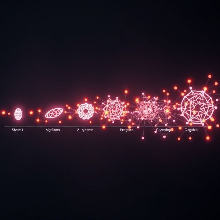 evolution of AI models depicted as a timeline with abstract glowing nodes connecting, starting from simple algorithms to comp