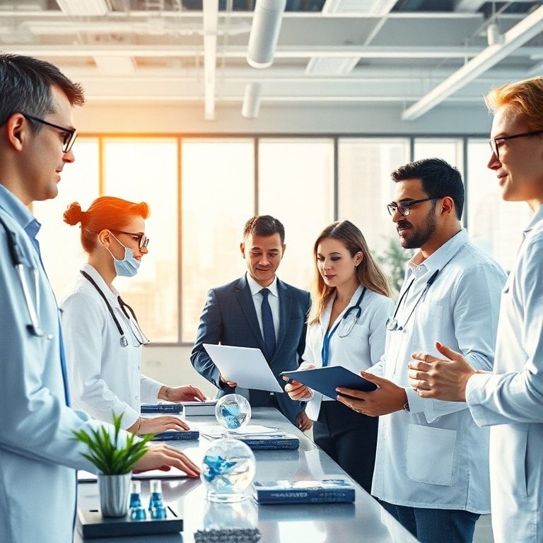 diverse group of professionals collaborating with advanced AI interfaces in a modern, sunlit office, showing AI assisting in