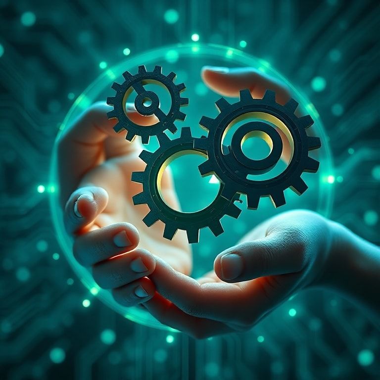 abstract representation of ethical AI, featuring interlocking gears of technology and human hands, symbolizing collaboration