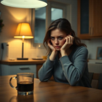 A woman sitting alone at a kitchen table in the evening, head in hands, looking conflicted and stressed, a half-empty coffee mug beside her, soft, warm lighting from a nearby lamp, realistic, cinematic, high detail, emotional depth