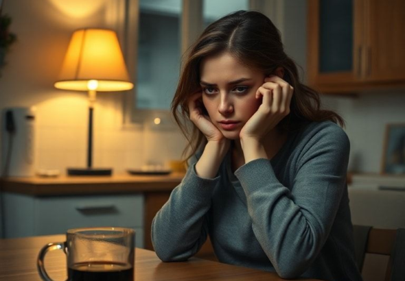 A woman sitting alone at a kitchen table in the evening, head in hands, looking conflicted and stressed, a half-empty coffee mug beside her, soft, warm lighting from a nearby lamp, realistic, cinematic, high detail, emotional depth