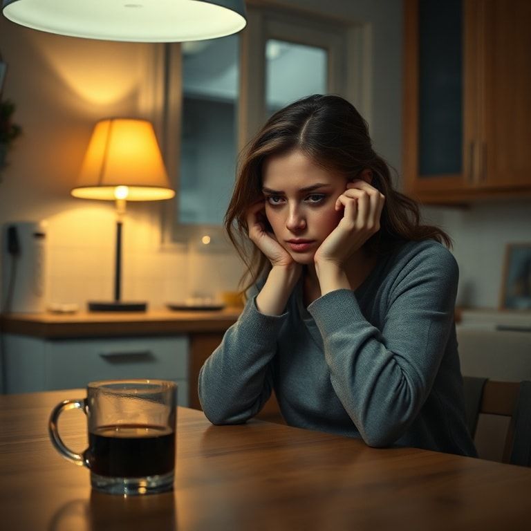 A woman sitting alone at a kitchen table in the evening, head in hands, looking conflicted and stressed, a half-empty coffee mug beside her, soft, warm lighting from a nearby lamp, realistic, cinematic, high detail, emotional depth