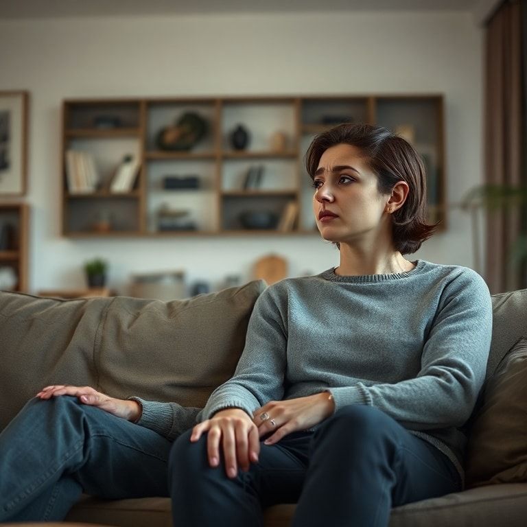 been - A couple sitting on a sofa in a modern, cozy living room, looking distant and preoccupied, one partner looking away wh