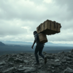 A detailed scene from Death Stranding Director's Cut, showing Sam Porter Bridges carrying a large cargo on his back, traversing a vast, desolate, and beautiful landscape with rocky terrain and distant mountains under an overcast sky. The mood is solitary and atmospheric, with cinematic lighting and ultra-realistic textures, 8k quality, photorealistic.