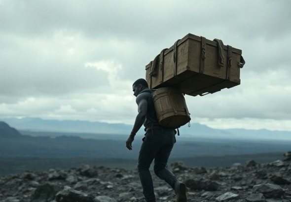 A detailed scene from Death Stranding Director's Cut, showing Sam Porter Bridges carrying a large cargo on his back, traversing a vast, desolate, and beautiful landscape with rocky terrain and distant mountains under an overcast sky. The mood is solitary and atmospheric, with cinematic lighting and ultra-realistic textures, 8k quality, photorealistic.