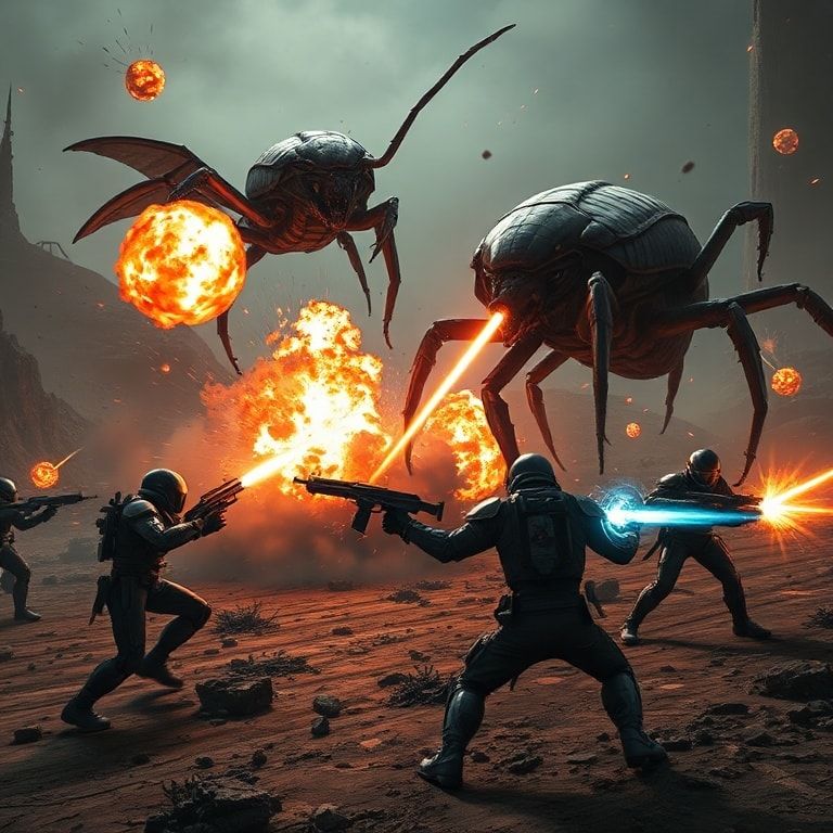 urgent - A chaotic battle scene from Helldivers 2, featuring four Helldivers in futuristic armor engaging giant alien bugs (T