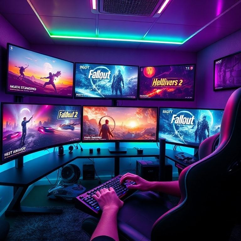 urgent - A vibrant and futuristic gaming setup with multiple monitors displaying various game scenes (Death Stranding, Helldi