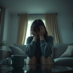 A woman sitting alone in a dimly lit, minimalist living room, head in hands, looking overwhelmed and distressed, surrounded by soft, muted colors, a half-empty coffee mug on a table nearby, cinematic lighting, shallow depth of field, conveying a sense of profound sadness and introspection, ultra realistic, highly detailed, 8k quality, photorealistic