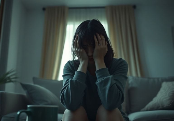 A woman sitting alone in a dimly lit, minimalist living room, head in hands, looking overwhelmed and distressed, surrounded by soft, muted colors, a half-empty coffee mug on a table nearby, cinematic lighting, shallow depth of field, conveying a sense of profound sadness and introspection, ultra realistic, highly detailed, 8k quality, photorealistic