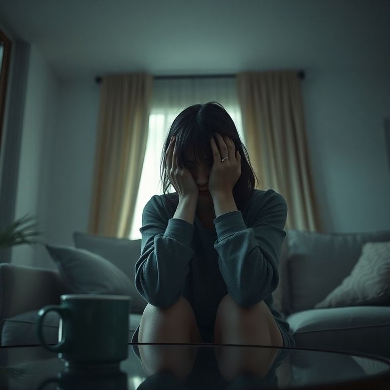 A woman sitting alone in a dimly lit, minimalist living room, head in hands, looking overwhelmed and distressed, surrounded by soft, muted colors, a half-empty coffee mug on a table nearby, cinematic lighting, shallow depth of field, conveying a sense of profound sadness and introspection, ultra realistic, highly detailed, 8k quality, photorealistic