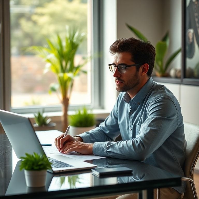 just - A person sitting at a modern desk, looking thoughtfully at legal documents and a laptop, with a pen in hand, a sense o