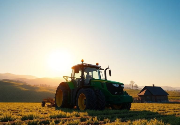 A vibrant, highly detailed screenshot from Farming Simulator 22, showing a modern tractor plowing a field under a clear blue sky, with rolling hills and a rustic farmhouse in the background. Golden hour lighting, realistic textures, 4k quality, video game art style.