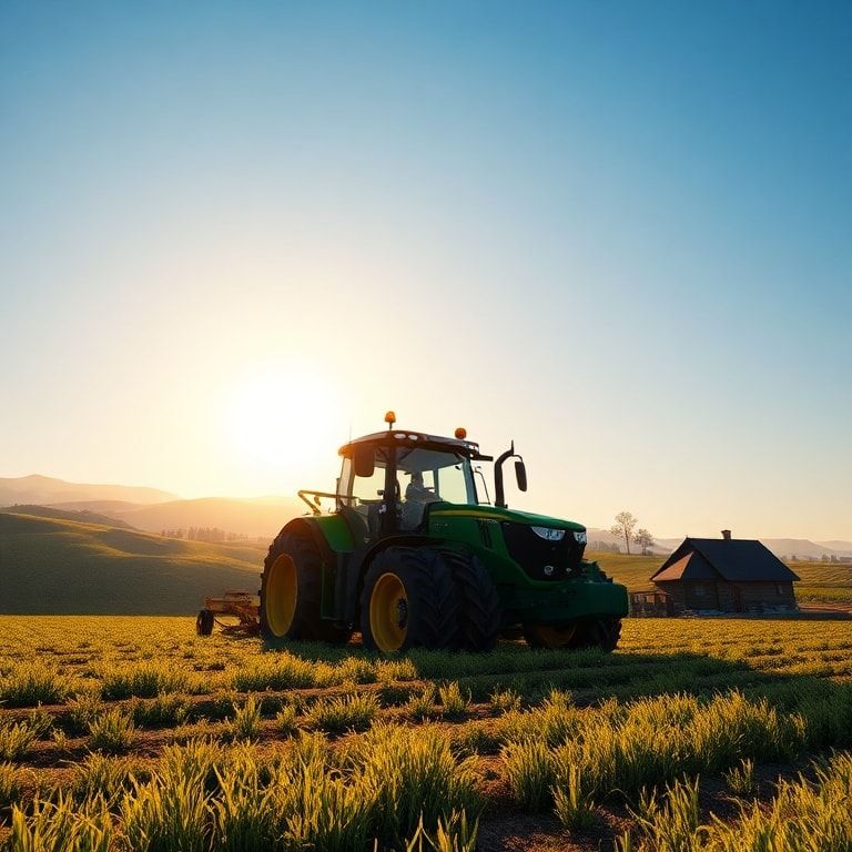 A vibrant, highly detailed screenshot from Farming Simulator 22, showing a modern tractor plowing a field under a clear blue sky, with rolling hills and a rustic farmhouse in the background. Golden hour lighting, realistic textures, 4k quality, video game art style.
