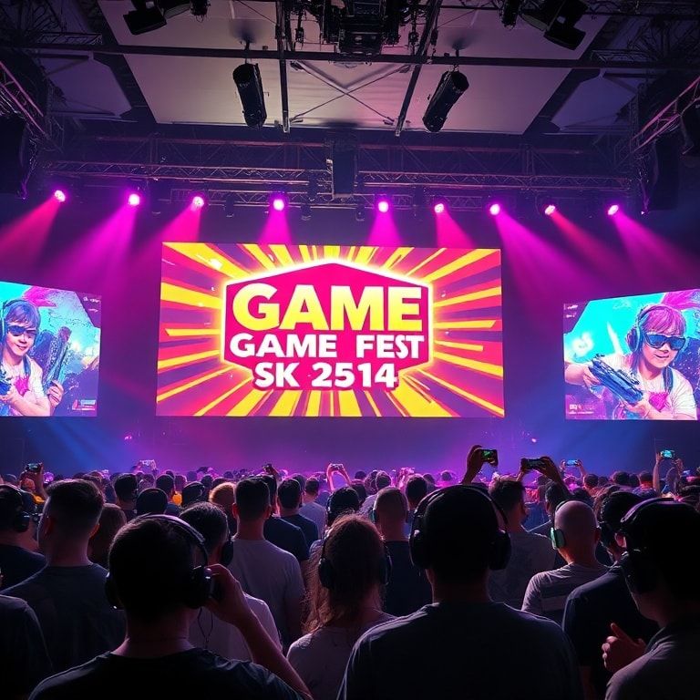 epic - A dynamic and futuristic gaming event stage, with a large LED screen displaying a 'Summer Game Fest' logo and vibrant