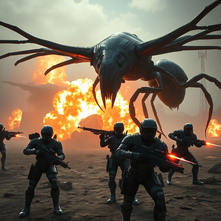 epic - An intense, action-packed scene from Helldivers 2, showing a team of four futuristic soldiers in power armor battling