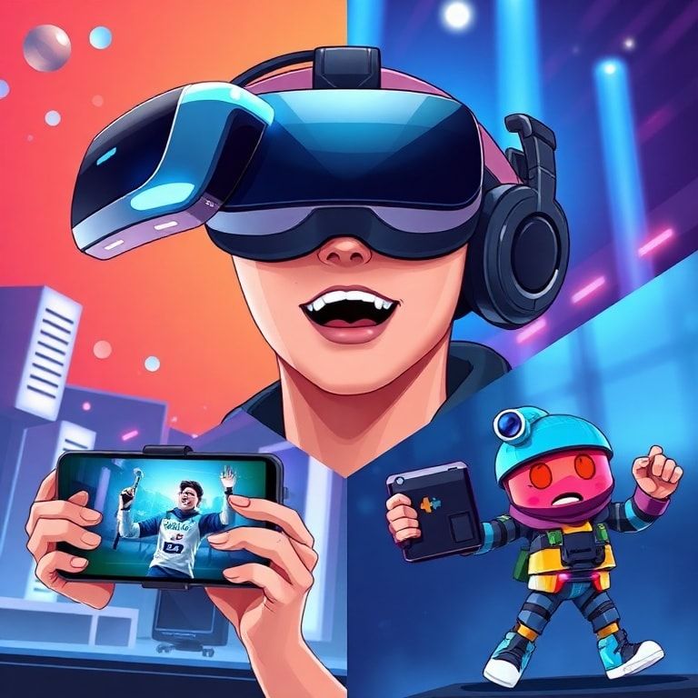 epic - A collage of diverse gaming elements: a sleek VR headset with glowing blue lights, a competitive esports player celebr