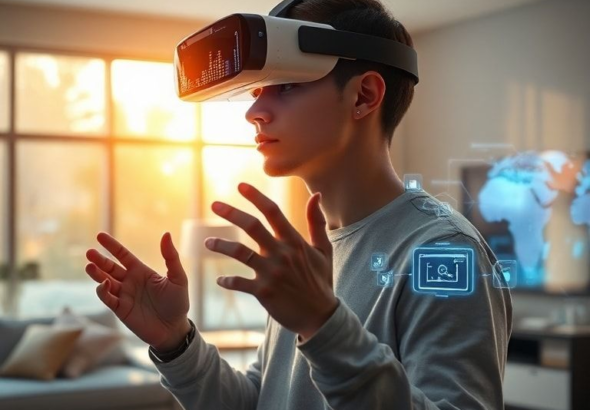 A futuristic user wearing an Apple Vision Pro headset, interacting with holographic interfaces that seamlessly blend into a modern, minimalist living room. The user's hands are gesturing, and AI-powered light trails follow their movements, indicating intuitive spatial computing. Warm natural sunlight streams through large windows, cinematic atmosphere, ultra realistic, highly detailed, 8k quality, photorealistic. Alt text: A user interacting with AI-powered holographic interfaces through Apple Vision Pro in a modern living room.