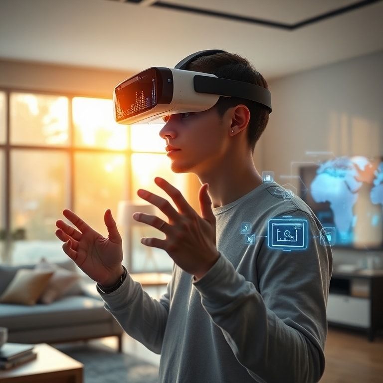 A futuristic user wearing an Apple Vision Pro headset, interacting with holographic interfaces that seamlessly blend into a modern, minimalist living room. The user's hands are gesturing, and AI-powered light trails follow their movements, indicating intuitive spatial computing. Warm natural sunlight streams through large windows, cinematic atmosphere, ultra realistic, highly detailed, 8k quality, photorealistic. Alt text: A user interacting with AI-powered holographic interfaces through Apple Vision Pro in a modern living room.