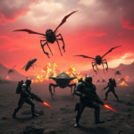 A squad of four Helldivers in futuristic armor battling giant alien insects on a desolate, volcanic planet under a stormy red sky, explosions in the background, intense action, high-energy, detailed character models, cinematic lighting, 8k quality, video game screenshot style