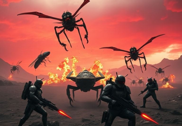 A squad of four Helldivers in futuristic armor battling giant alien insects on a desolate, volcanic planet under a stormy red sky, explosions in the background, intense action, high-energy, detailed character models, cinematic lighting, 8k quality, video game screenshot style