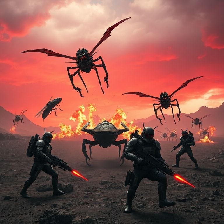 A squad of four Helldivers in futuristic armor battling giant alien insects on a desolate, volcanic planet under a stormy red sky, explosions in the background, intense action, high-energy, detailed character models, cinematic lighting, 8k quality, video game screenshot style