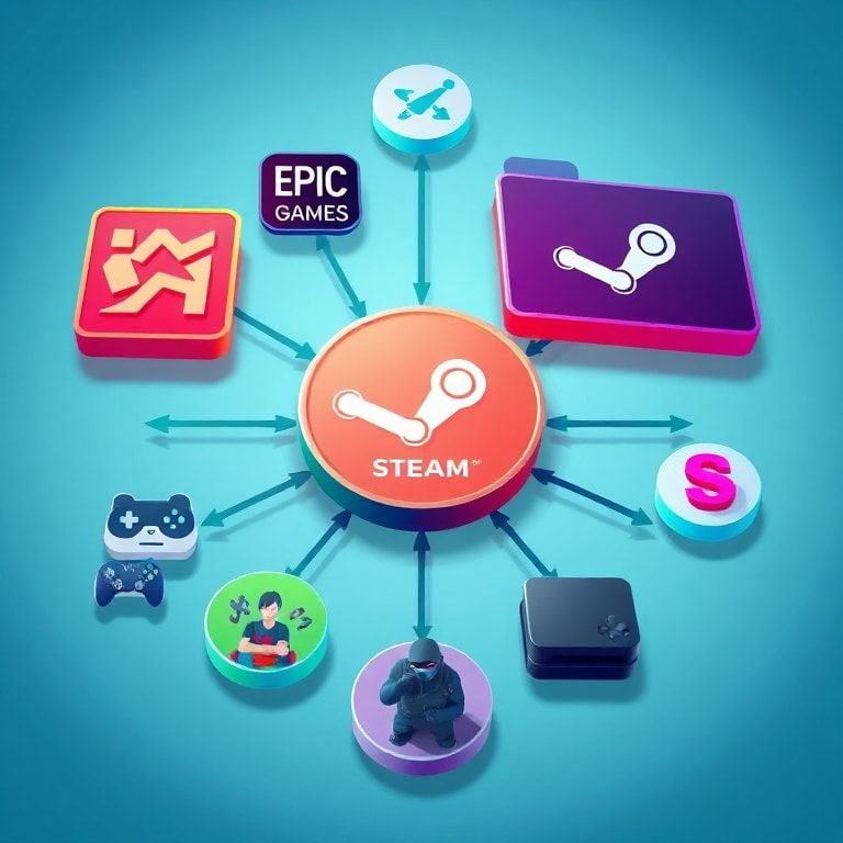 A stylized infographic showing interconnected gaming platforms (Epic Games, Steam, console logos) with arrows pointing to div